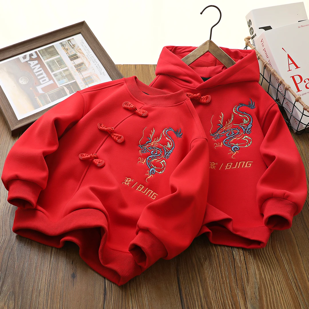 儿童新年红色拜年服宝宝刺绣龙年款2023中大童圆领连帽卫衣中国风