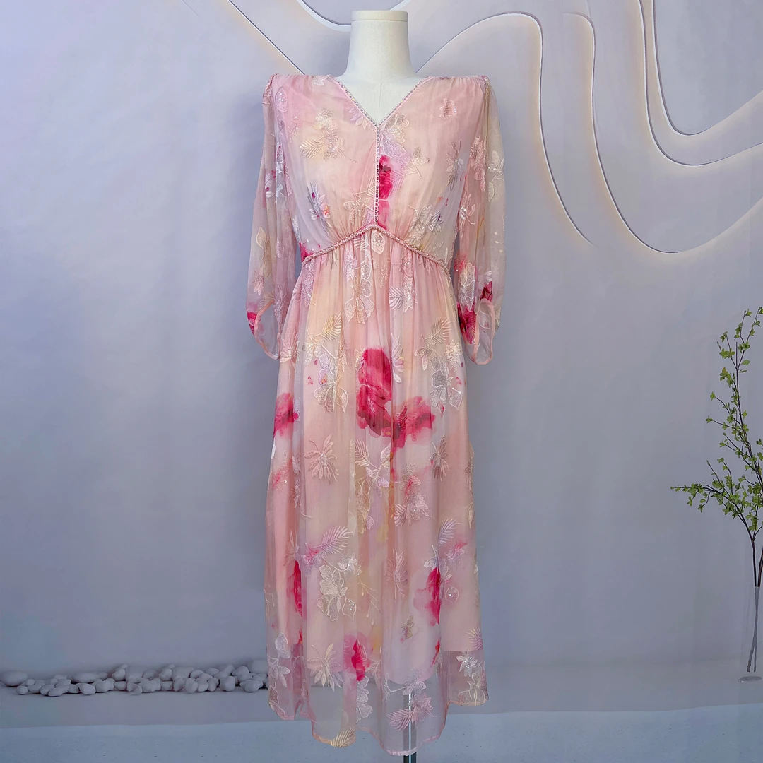 多米乐真丝连衣裙2024夏季新款时尚贵气轻奢女刺绣收腰连衣裙子