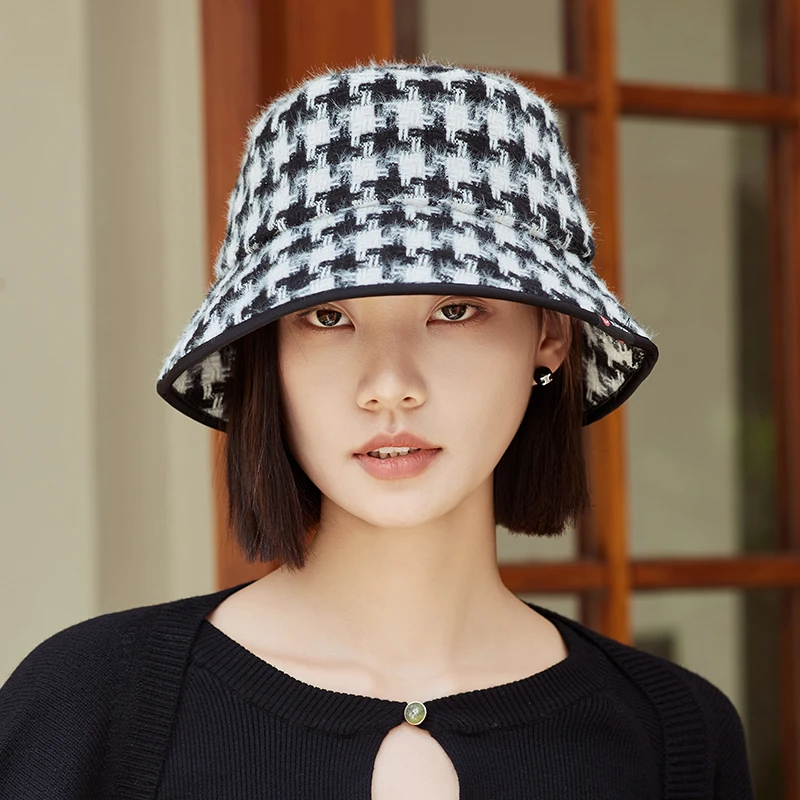 千鸟格渔夫帽子女士秋冬季时尚百搭复古格纹日系盆帽