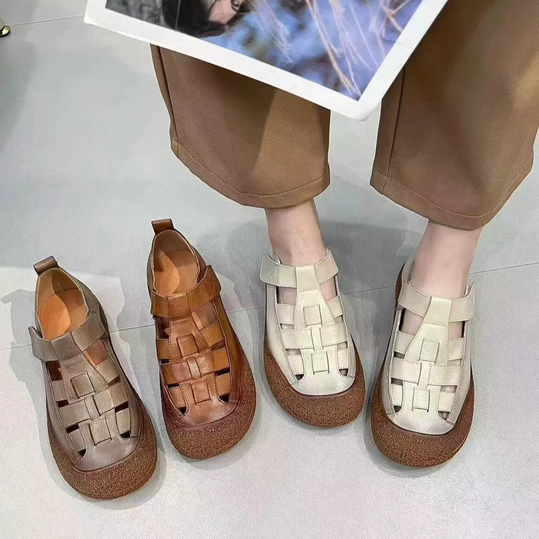 夏季新款复古休闲真皮女鞋舒适时尚百搭软底镂空平底包头圆头2069