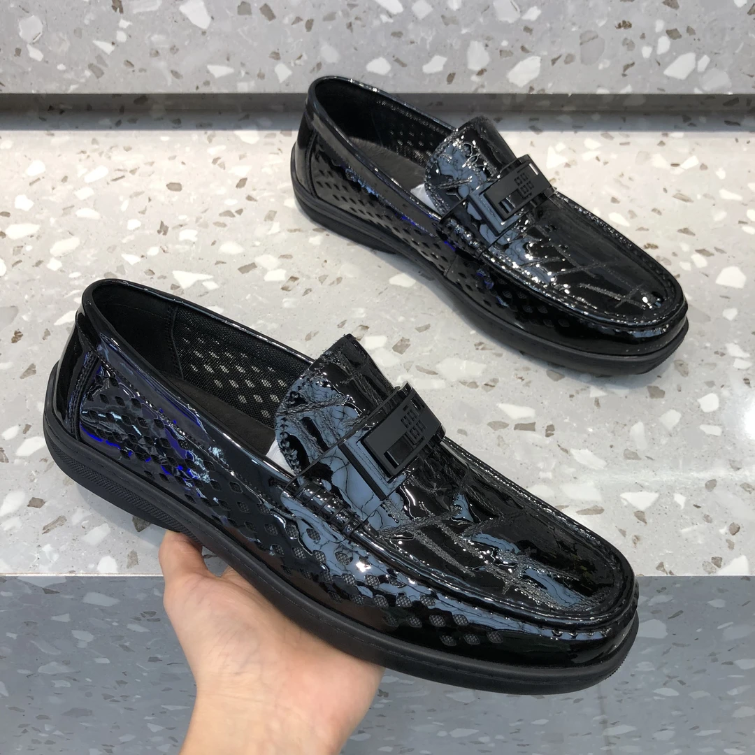 男士皮鞋网眼豆豆鞋真皮乐福鞋软底潮流黑色漆皮百搭透气舒适商务