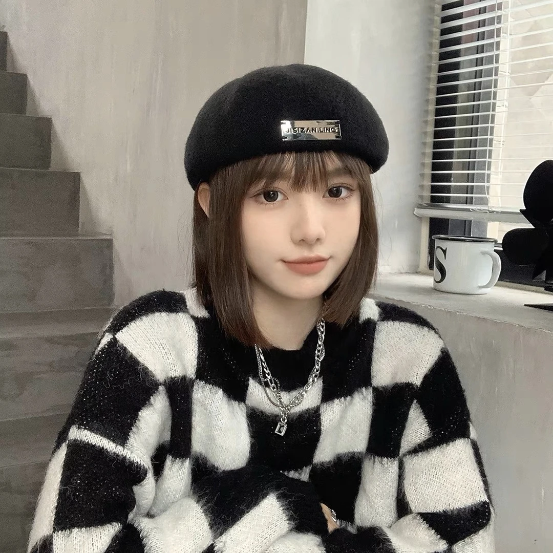 复古反戴前进帽黑色英伦风百搭贝雷帽日系画家帽ins韩版针织帽子