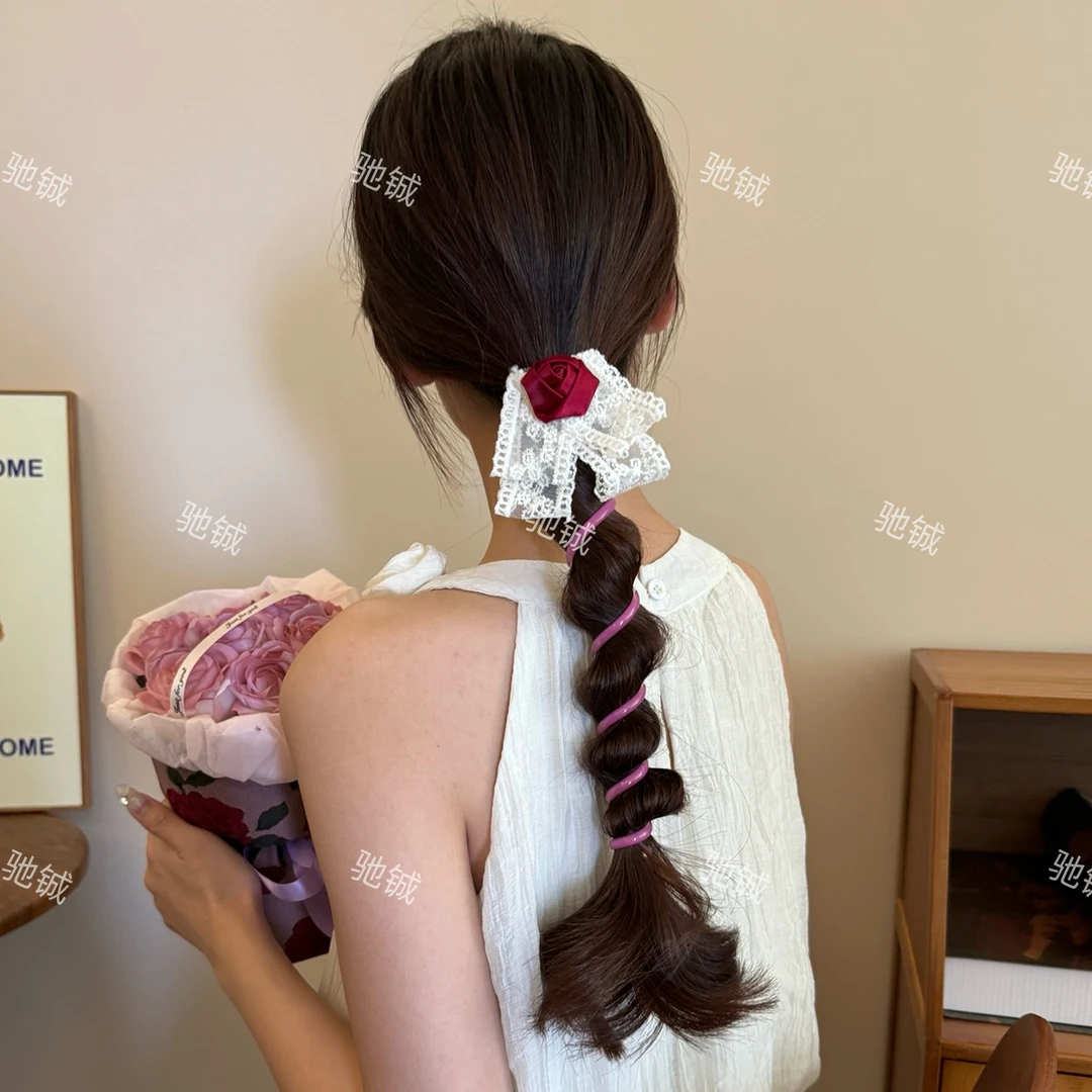超仙蕾丝玫瑰泡泡辫电话线发圈气质高级感春夏编发神器百搭头绳