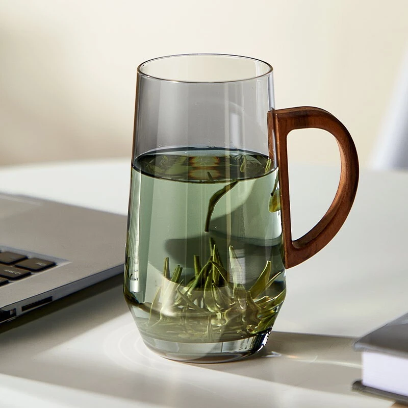 透明玻璃办公杯日式个人杯胡桃木把绿茶杯耐热玻璃水杯花茶杯子