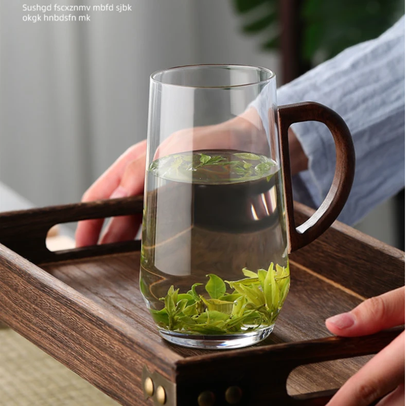 高端木把茶杯玻璃杯透明新款高硼硅玻璃泡茶喝水杯子家用单层杯
