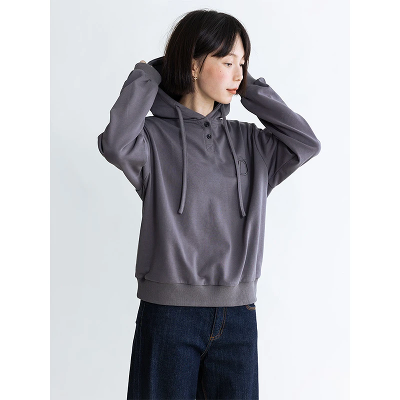 DotDrobe/多着皮粉/铁灰色套头连帽卫衣女秋冬长袖美式复古高级