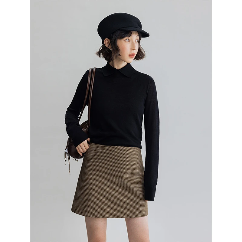 DotDrobe/多着TR混纺面料 极简小A短款半身裙带安全裤咖格/深灰条