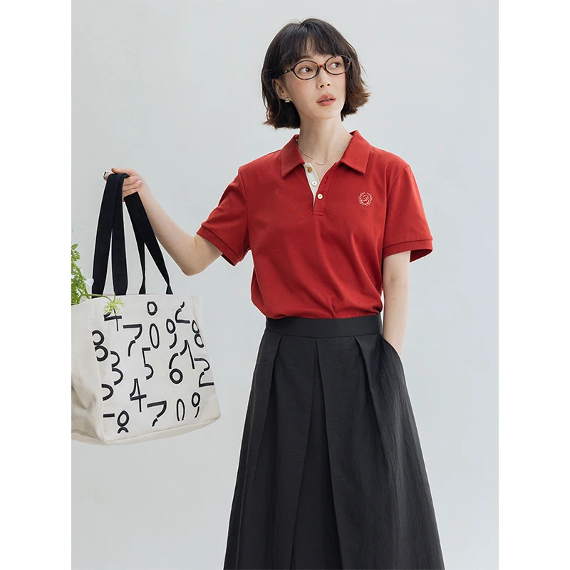 DotDrobe/多着凉感冰皮面料 Polo领撞色短袖T恤女-米白/藏青/锈红