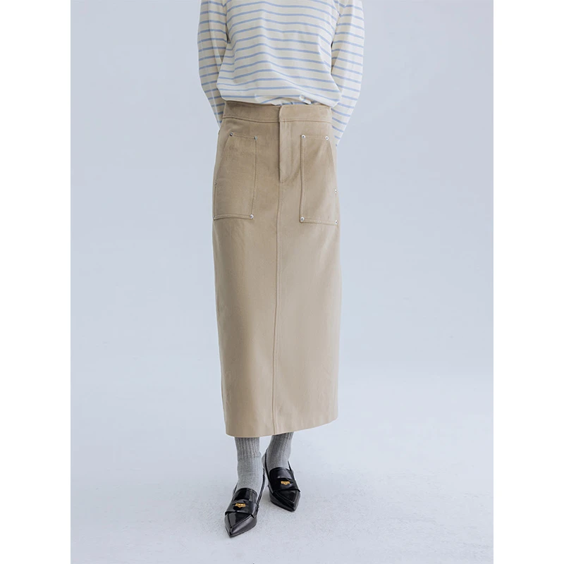 DotDrobe/多着麂皮绒 大贴袋中长款半身裙早春筒裙-咖色/浅卡其