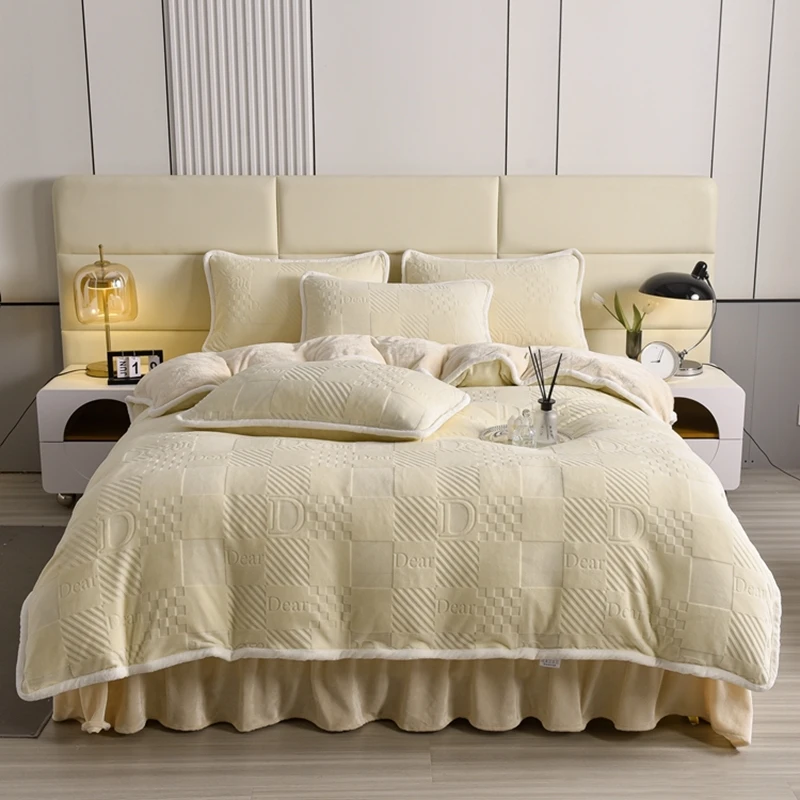 冬季双面加厚雕花牛奶绒床上四件套珊瑚绒面高级床品毛绒被套床单