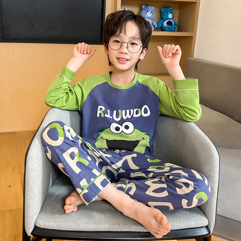 纯棉儿童男童睡衣宝宝春秋款长袖卡通薄款套装女孩大童外穿家居服