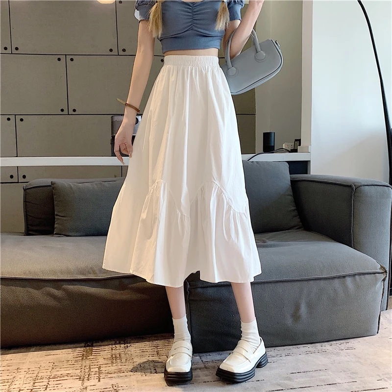 白色高腰伞裙半身裙女夏季2025年新款褶皱设计感中长款显瘦a字裙