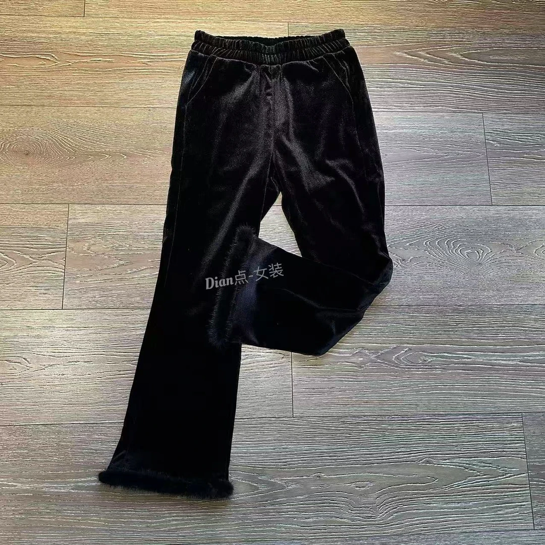DD24年冬季新款时尚气质松紧腰兔毛边边丝绒微喇裤5231