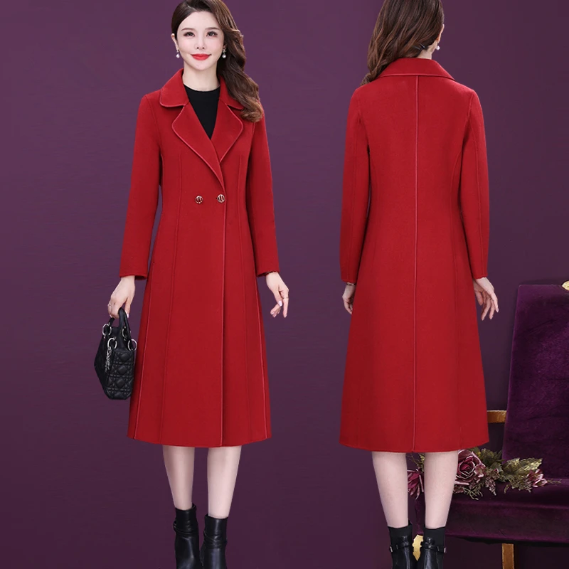 高档双面绒大衣秋冬装喜婆婆新款中年妈妈装中长款过膝毛呢外套女
