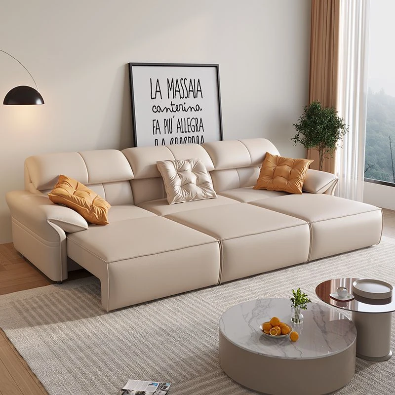 现代简约客厅两用意式大象耳朵头层牛皮网红可伸缩电动功能沙发床