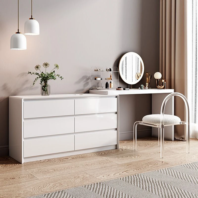 奶油风梳妆台卧室床尾现代家用高档化妆台转角斗柜伸缩一体化妆桌