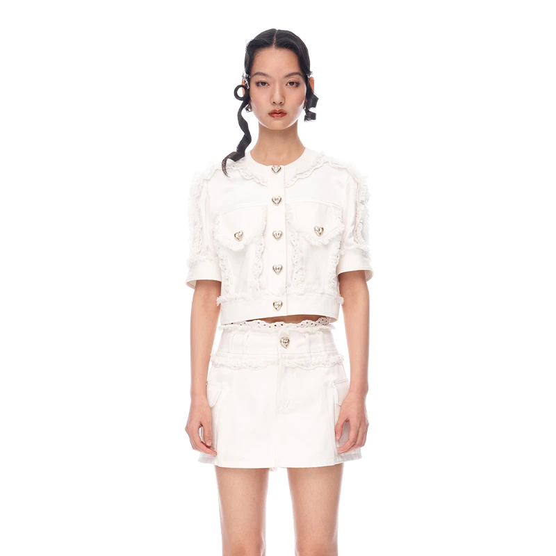 【若谷大大】LE FAME/拉飞姆毛边水洗牛仔绣花撞布短袖外套W042