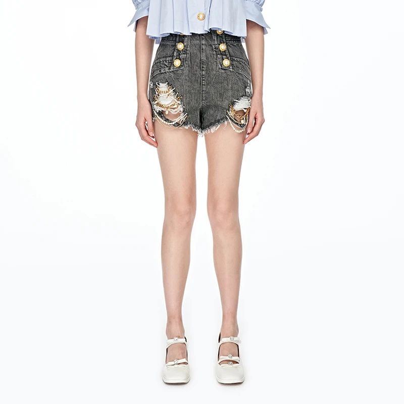 【陈大可】LE FAME/拉飞姆夏季芭比破洞双排扣金色钻链牛仔短裤