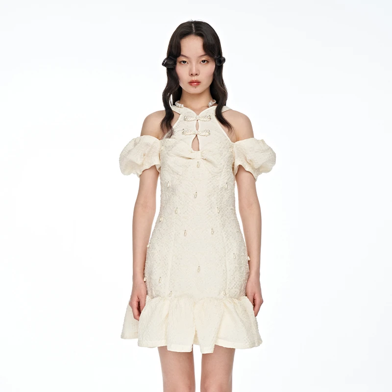 【陈大可】LE FAME/拉飞姆珍珠坠饰中式提花旗袍连衣裙W157