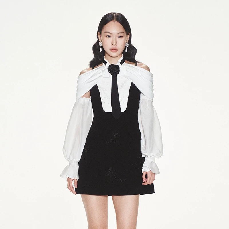 【木木专属】LE FAME/拉飞姆女绅士挂脖连衣裙（配袖套）O040