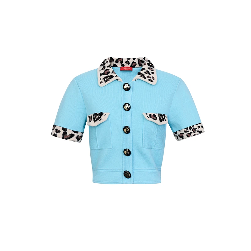 【陈大可】LE FAME/拉飞姆千禧俏皮辣妹豹纹拼接芭比针织开衫