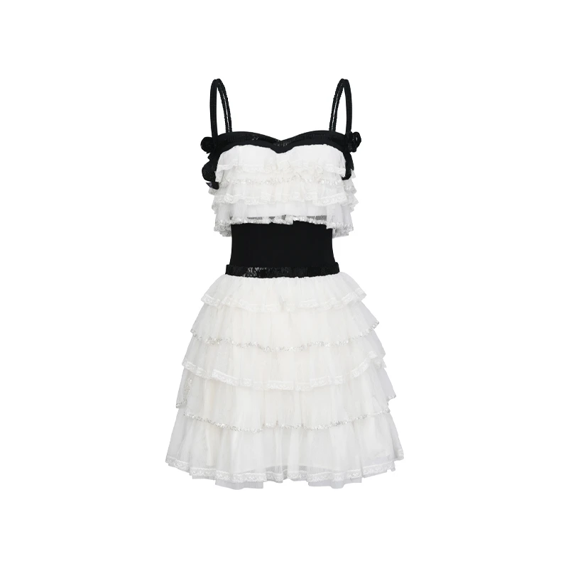 【若谷大大】LE FAME/拉飞姆 立体玫瑰收腰压褶网纱连衣裙Y045