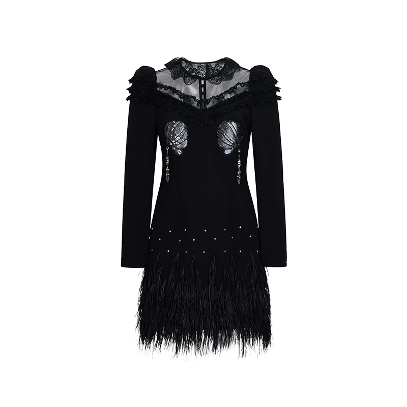 【若谷大大】LE FAME/拉飞姆刺绣羽毛下摆蕾丝花边连衣裙B229