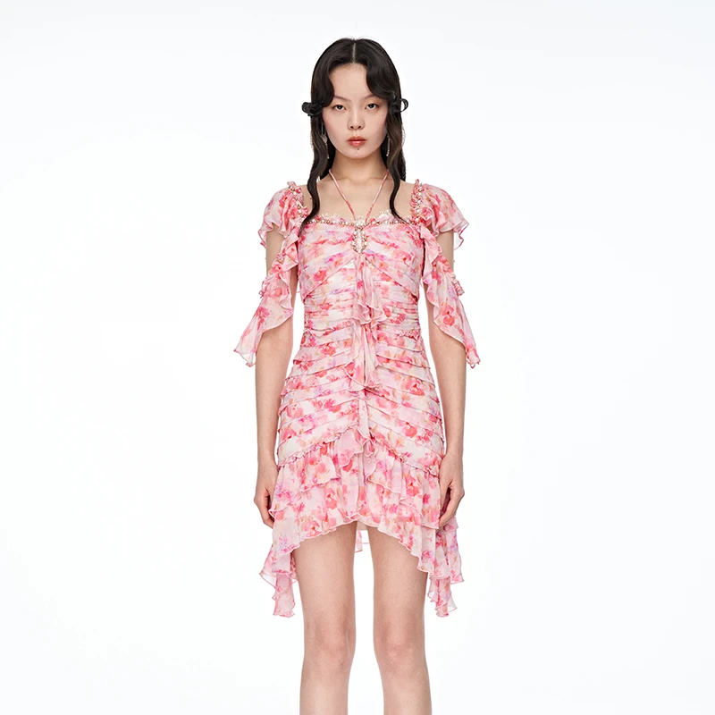 【陈大可】LeFame/拉飞姆泰式粉彩印花钉珠修身摆连衣裙.