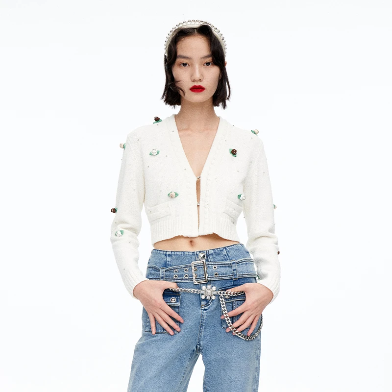 LE FAME/拉飞姆新款立体小碎花长袖针织短开衫