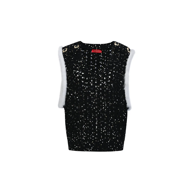 【陈大可】LE FAME/拉飞姆 摩登复古撞色长毛勾边宽松针织背心