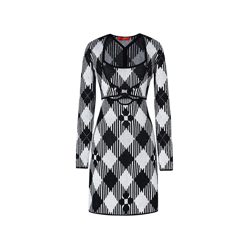 LeFame/拉飞姆LE FAME/拉飞姆半开格纹收腰连衣裙宽松连衣裙