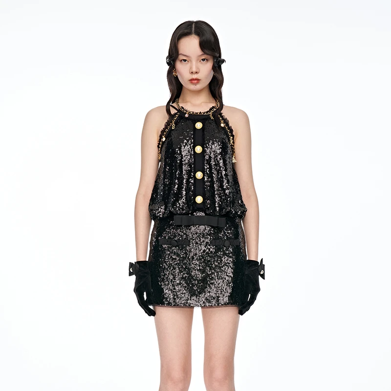 【陈大可】LE FAME/拉飞姆80代性感芭比亮片挂脖都会连衣裙B148