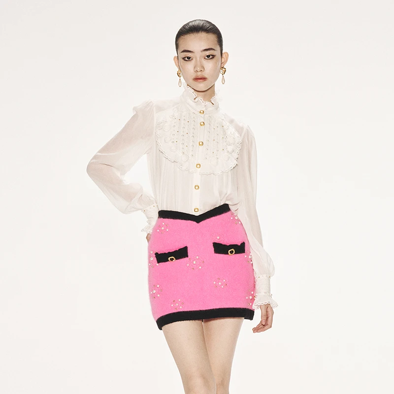 【粉丝专享】LE FAME/拉飞姆冬季优雅高级感玫瑰港风白色雪纺上衣