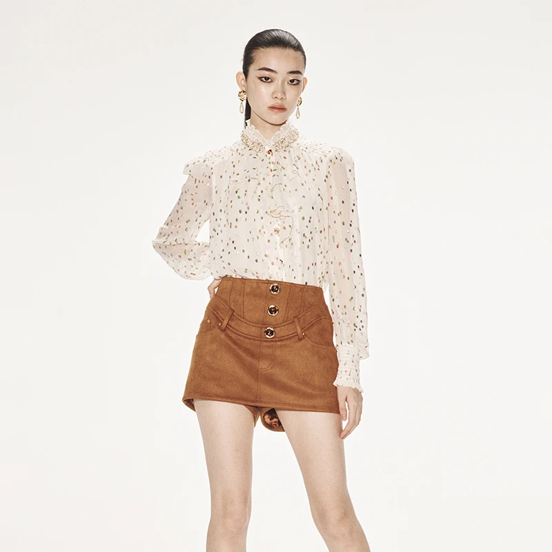 【陈大可】LE FAME/拉飞姆盘绣拉夫领彩葱荷叶边雪纺上衣B010