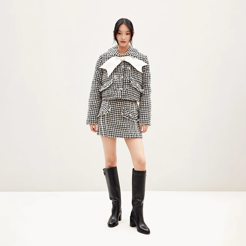 【暂不使用】LE FAME/拉飞姆复古廓形粗花呢千鸟格A型短半裙