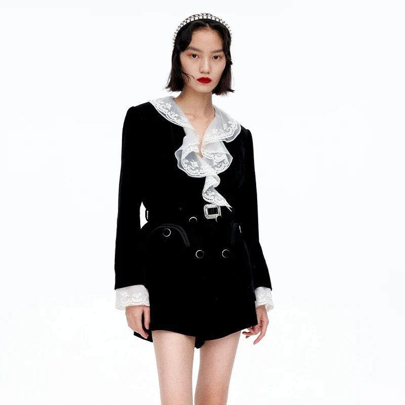 【范冰冰同款】le fame/拉飞姆可拆领黑色复古丝绒西装外套