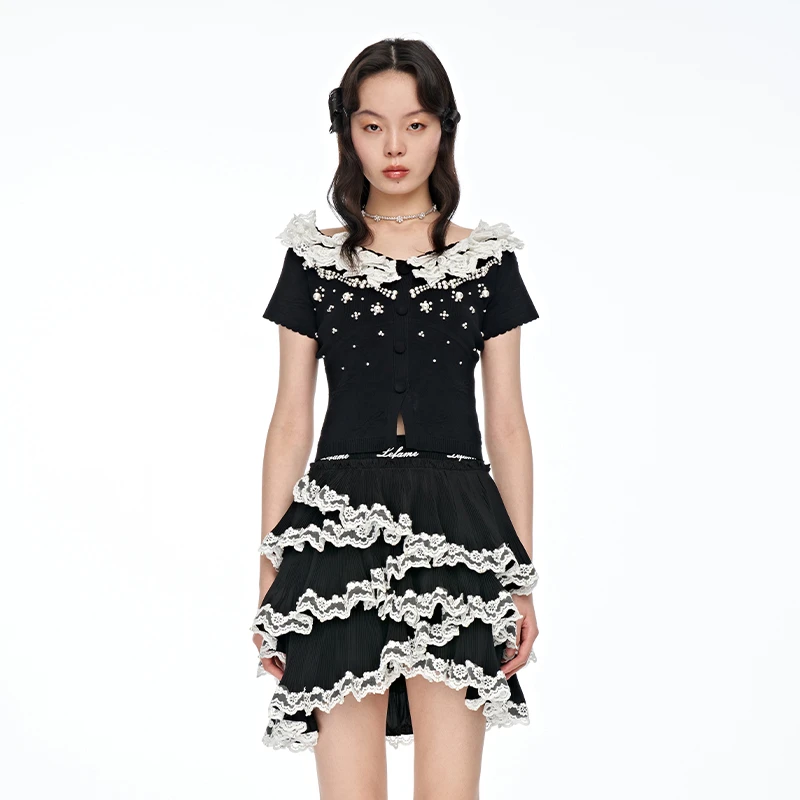 【陈大可】LE FAME/拉飞姆女士针织维多利亚层叠蕾丝短袖上衣