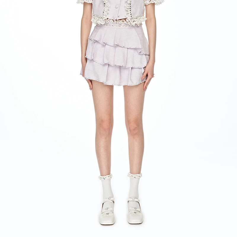 【若谷大大】LE FAME/拉飞姆 复古钉珠不规则层叠荷叶边裙裤