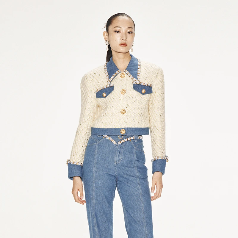 LE FAME/拉飞姆冬季短款箱型小香风牛仔斜纹拼接呢外套