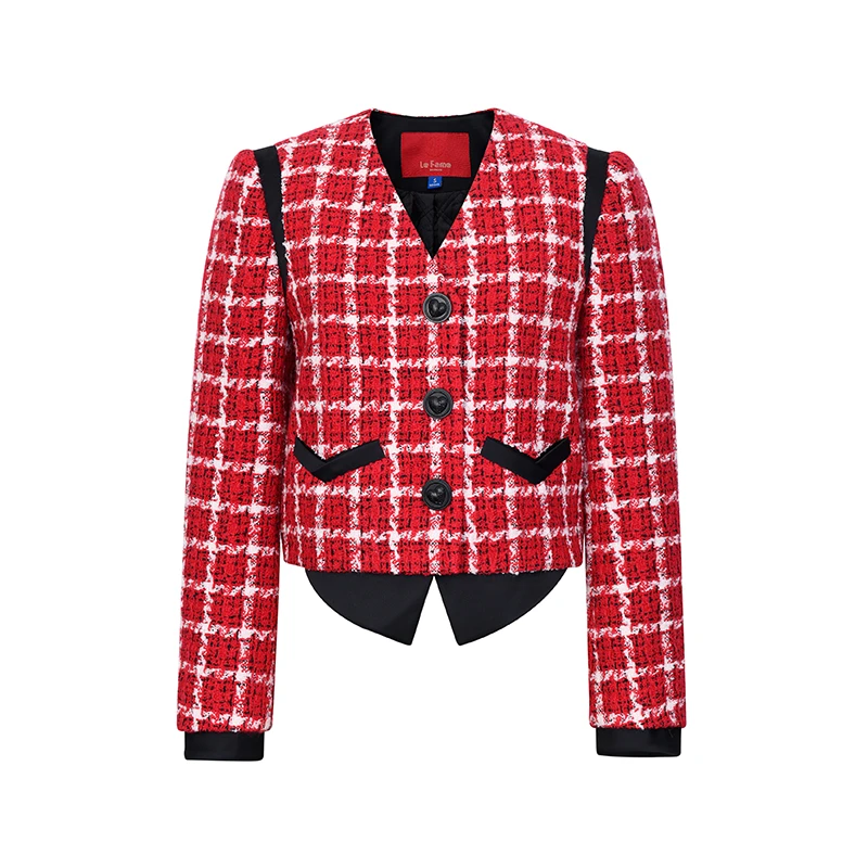 【陈大可专属】LE FAME/拉飞姆复古撞色白红格纹宽松呢外套