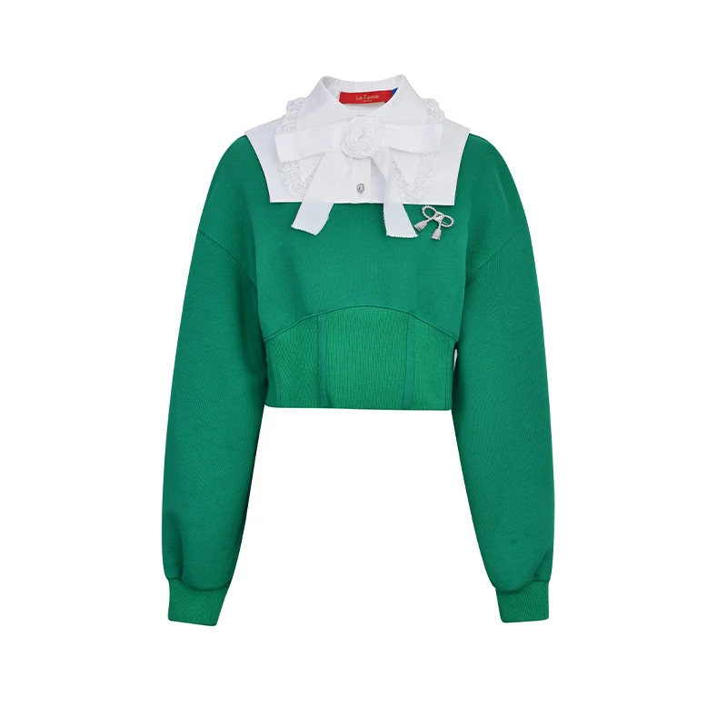 LE FAME/拉飞姆 衬衣领蝴蝶结落肩长袖短款上衣