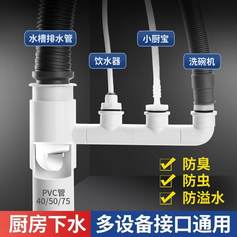 厨房下水道三通接头水槽净水器洗碗机防臭洗衣机多功能三合一接口