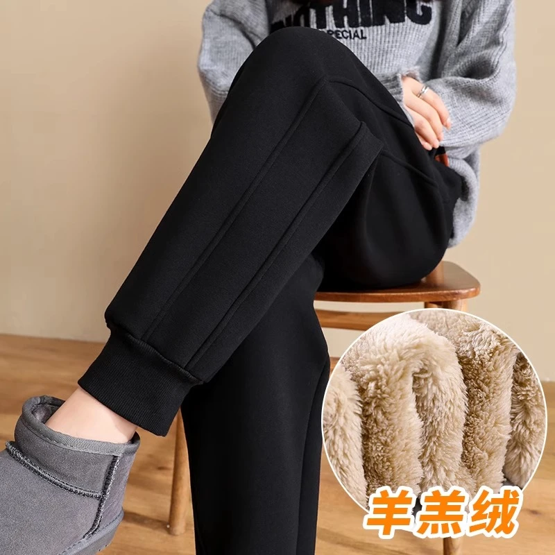 PinkAvril加绒运动裤女秋冬加厚休闲卫裤一体羊羔绒宽松束脚棉裤
