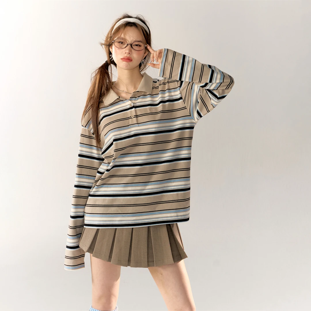 【反季清清福利】AsGony学院风宽松条纹翻领polo领长袖T恤