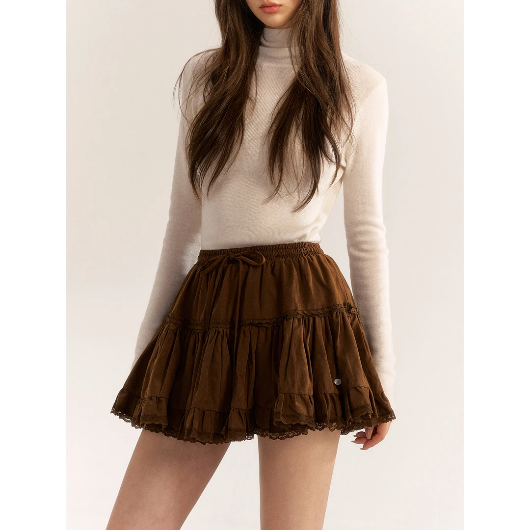 Asgony芭蕾风蕾丝花边蛋糕裙女初秋显瘦松紧腰百搭高腰蓬蓬半身裙