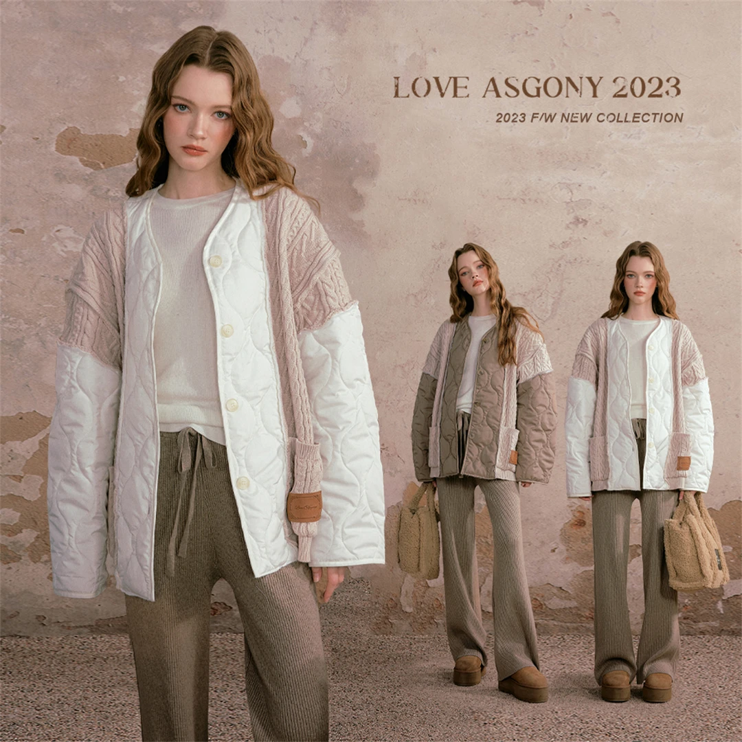 AsGony白色麻花针织拼接棉服女款秋冬中短款外套韩版小个子高级