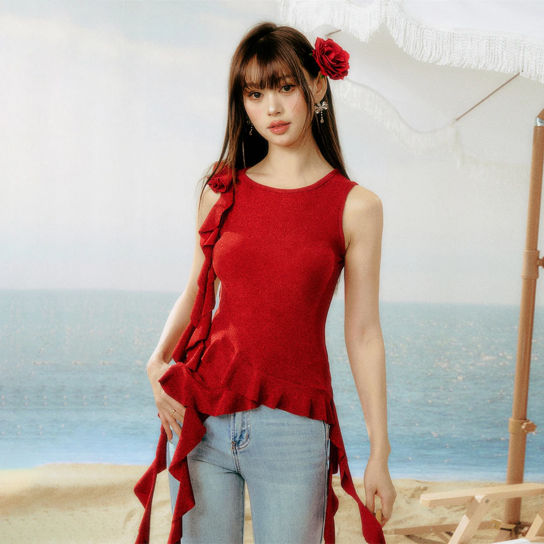 AsGony立体花朵飘带不规则荷叶边修身上衣