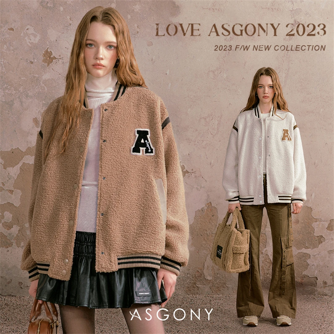 【现货】AsGony刺绣羔羔毛棒球服女新款美式复古高级宽松秋冬厚外套