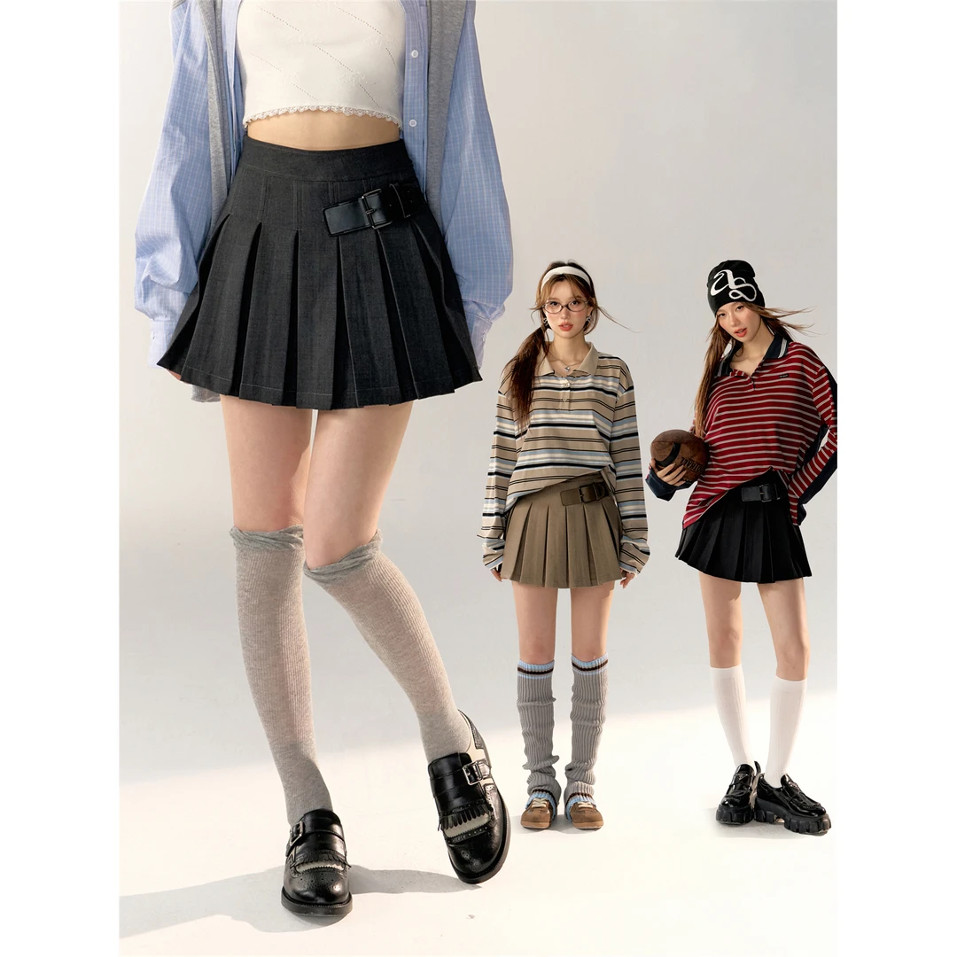 【反季清清福利】AsGony高腰显瘦皮扣设计感百褶裙