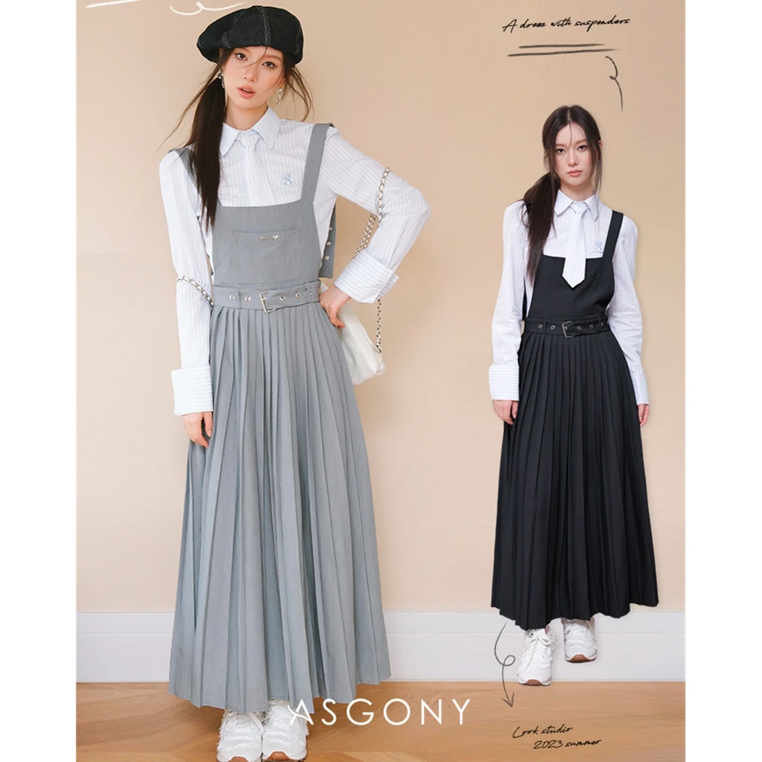 AsGony设计感百搭减龄宽松百褶背带长裙学院风女秋A字背带长裙